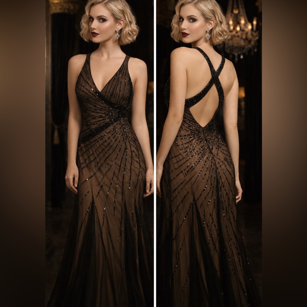 Beaded Art Deco Evening Gown XL Black Sheer Overlay Gatsby Prom Black Tie *READ*